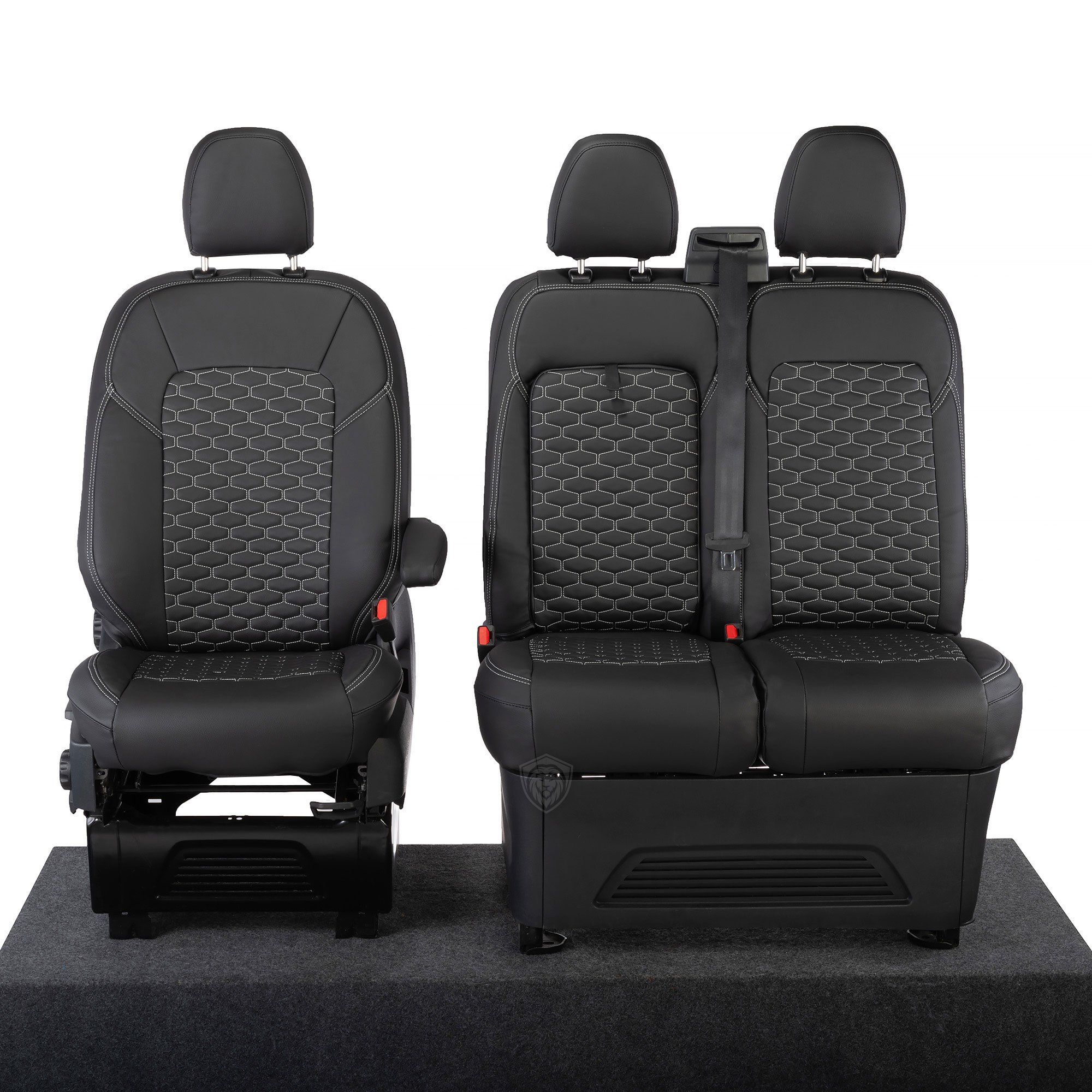 Black premium executive van seat covers for Ford Transit Custom commercial vehicle by Seat Guardian